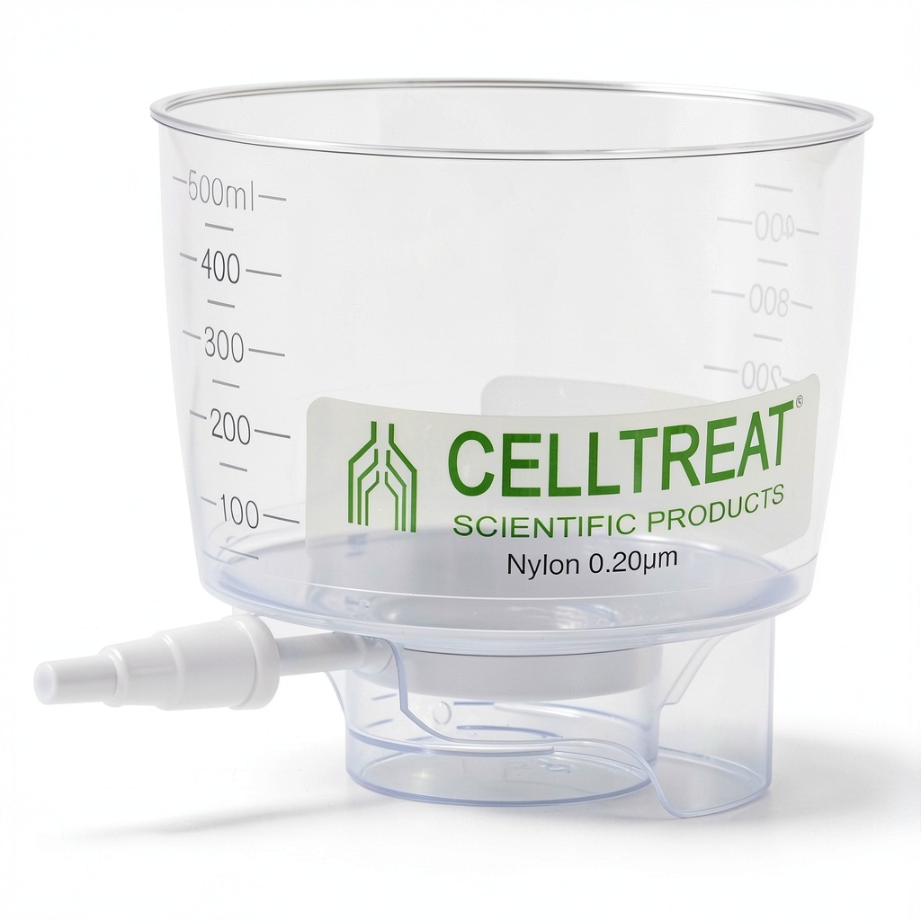 CELLTREAT Bottletop Filter attached to a glass vacuum bottle in a lab setting