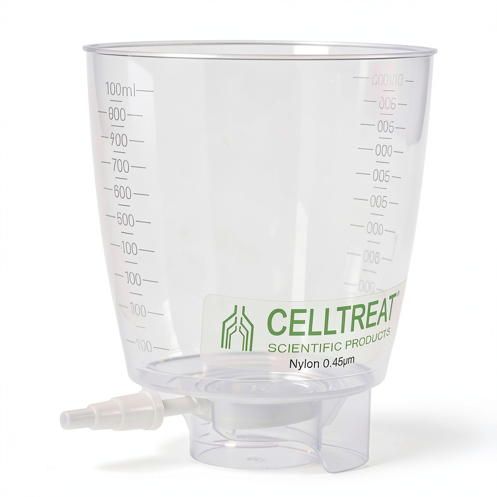 Installing CELLTREAT Bottletop Lab Filter Polypropylene Nylon Membrane on a wooden desk