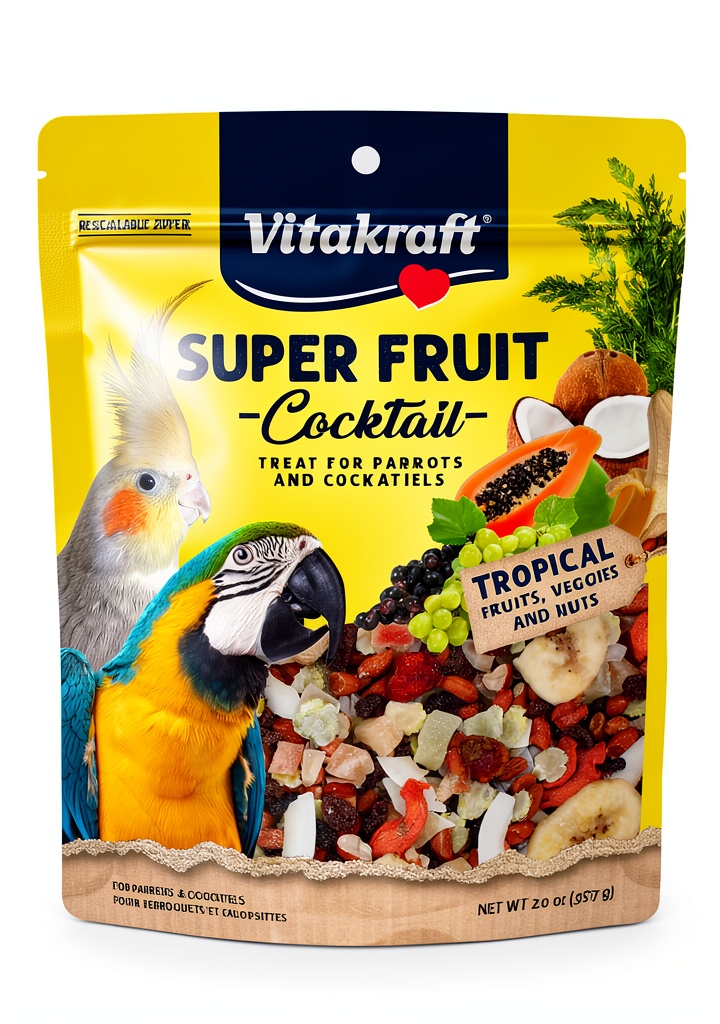 Vitakraft Bird Treats Premium Fruits Natural Snack Blend displayed on a kitchen counter with a bird perched nearby