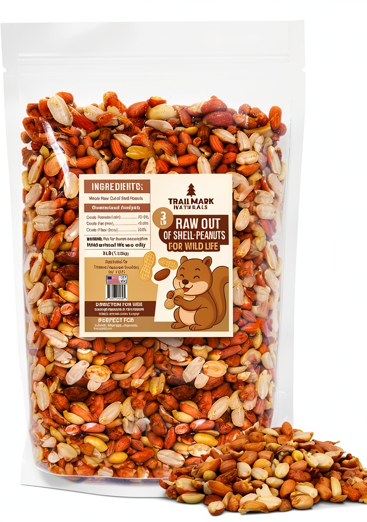 Trailmark Naturals raw shelled peanuts in a backyard feeder attracting squirrels and birds