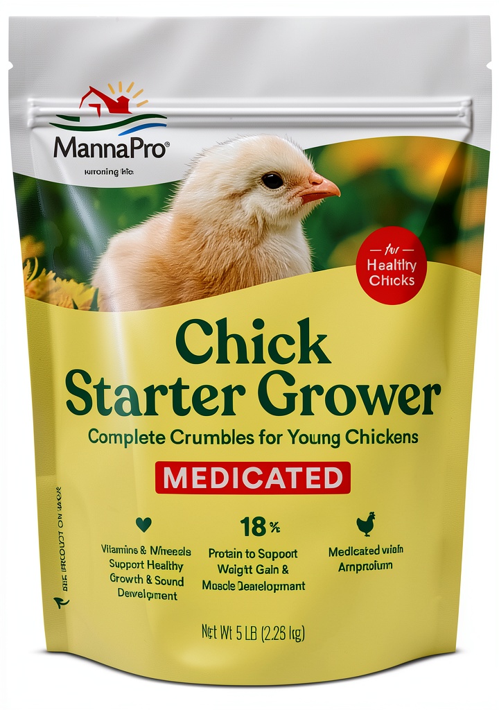 Manna Pro Medicated Chick Starter Grower feed bag on a wooden workbench
