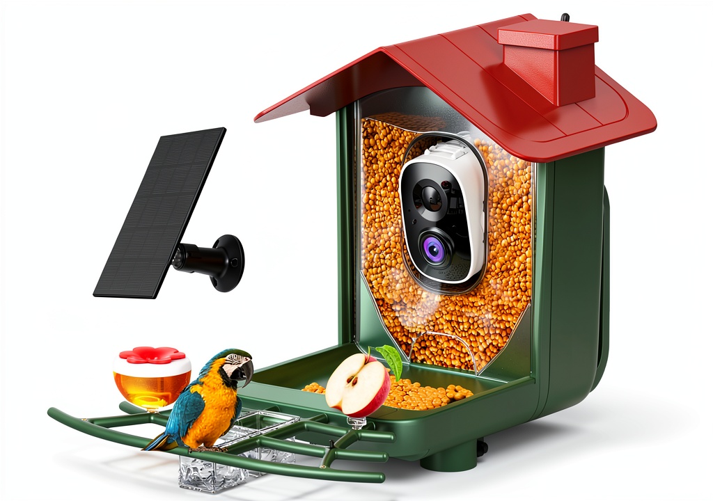 Solar bird feeder mounted on a garden tree