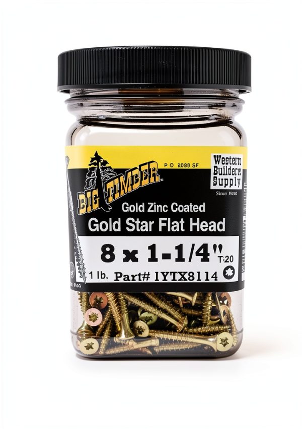 Big Timber 1YTX8114#8 by 1-1/4-inch T-20-drive bit Gold Star Flat Head Interior Screws,(231 per Box)-0
