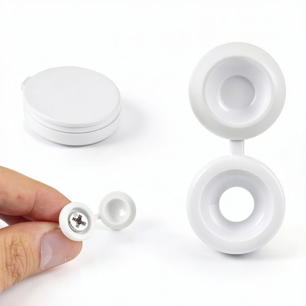 200Pcs Plastic Hinged Screw Cover Caps, Shutter Screw Caps, White Snap Washer Covers Flip Tops for Screw Protection, Covering Screw Heads, 577452_1_Vrc8r9kt3-1