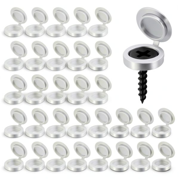 200Pcs Plastic Hinged Screw Cover Caps, Shutter Screw Caps, White Snap Washer Covers Flip Tops for Screw Protection, Covering Screw Heads, 577452_1_Vrc8r9kt3-0